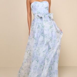 Lulus Charming Sweetness Periwinkle Floral Organza Pleated Maxi Dress Blue